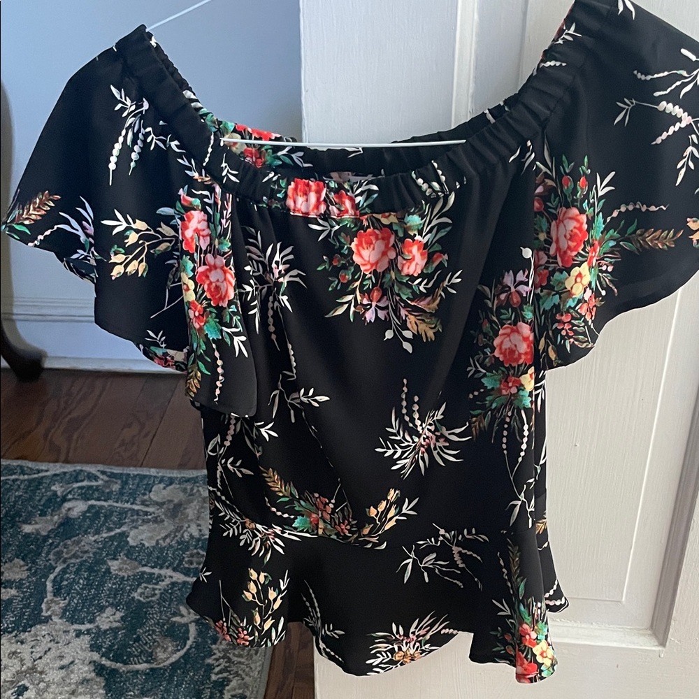 Nanette Lepore Black Off-Shoulder Floral Tunic with Coral Roses